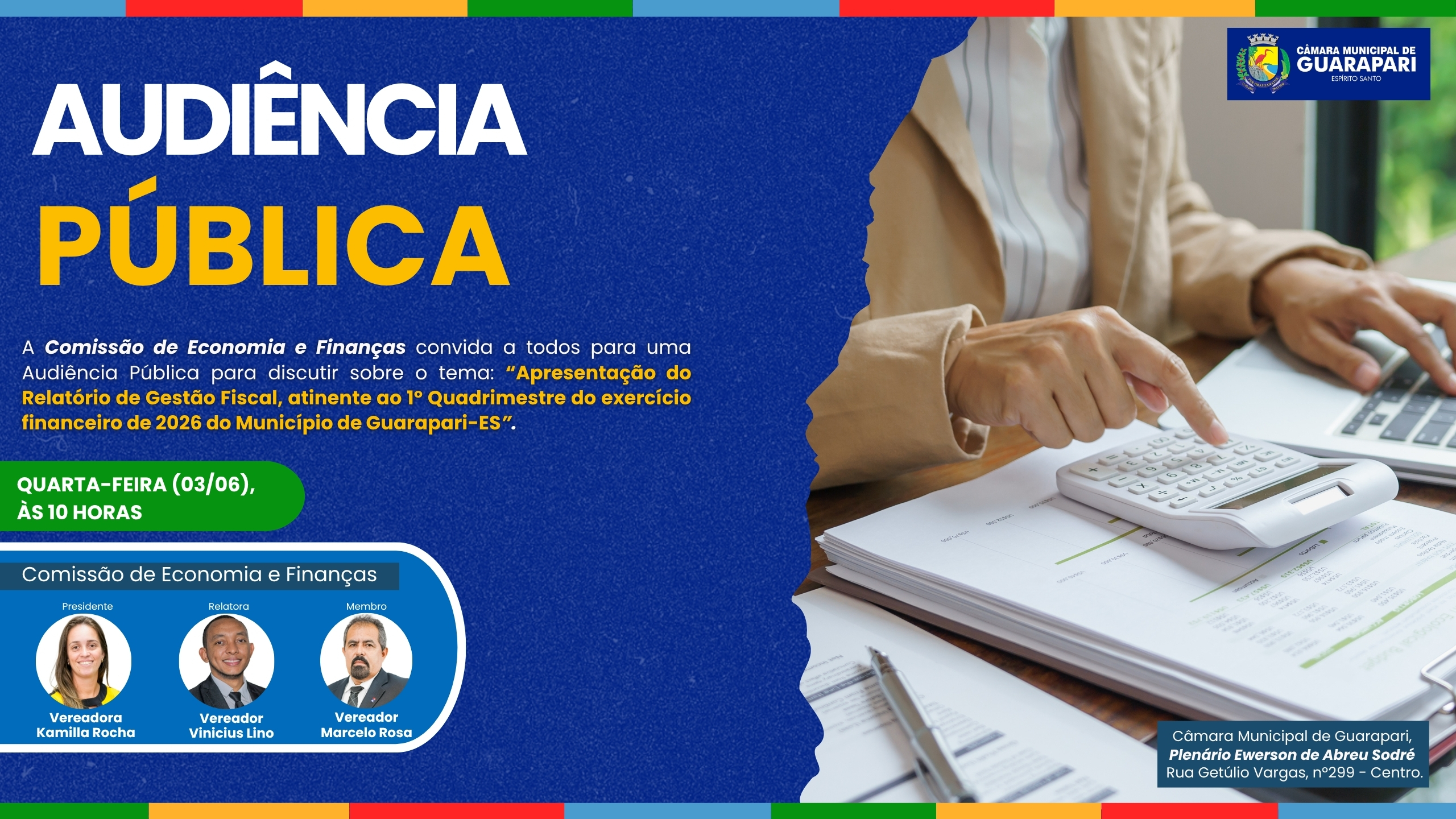 AUDIÊNCIA PÚBLICA - Apresentação do Relatório de Gestão Fiscal, atinente ao 1º Quadrimestre do exercício financeiro de 2026 do Município de Guarapari-ES