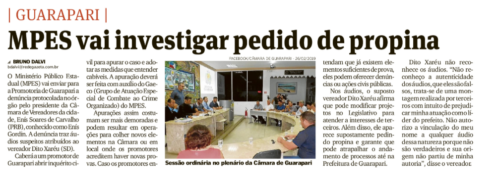 MPES vai investigar pedido de propina