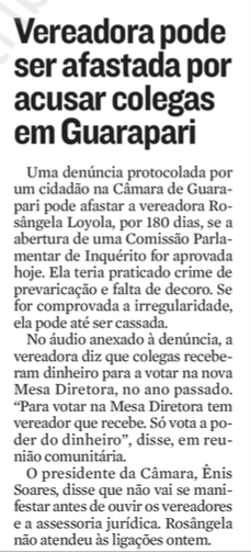 Vereadora pode ser cassada por acusar colegas em Guarapari